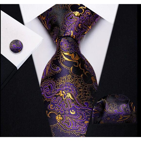 Men’s Silk Coordinated Tie Set - Purple & Gold Paisley - Picture 1 of 8